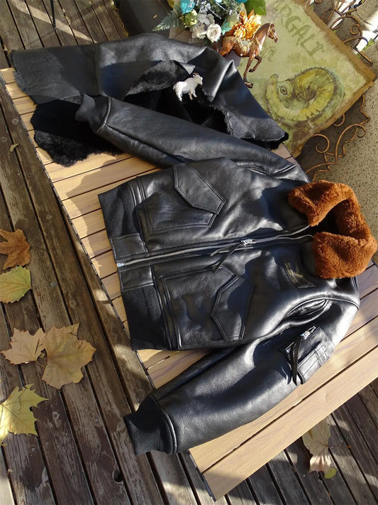 Tailor Brando Original Sheep Shearling Classic 45P Men's Bomber Jacket Winter Warm Real Fur Jacket