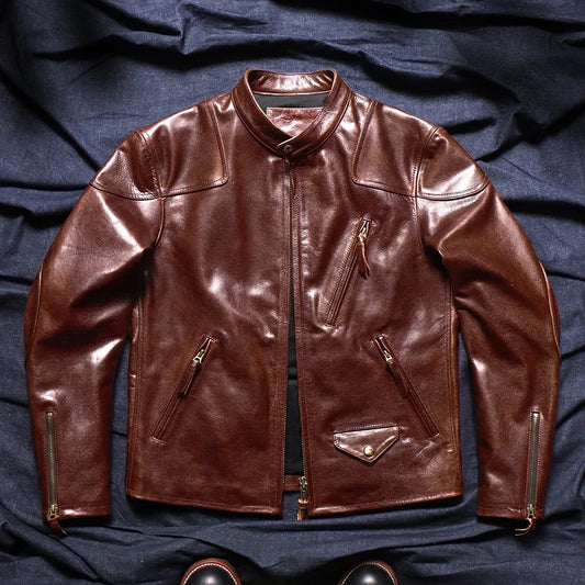 Tailor Brando Vegetable Tanned Goatskin Venom Classic Stand Collar American Vintage Genuine Leather Men's Biker Jacket