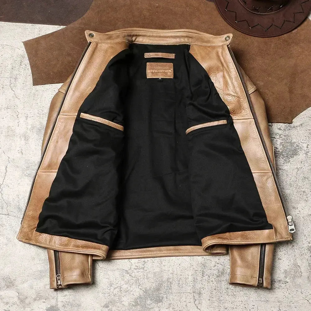 Tailor Brando Full-Grain Waxed Cowhide Men's Heavyweight Stand-Up Collar Retro Genuine Leather Motorcycle Jacket Tailor Brando