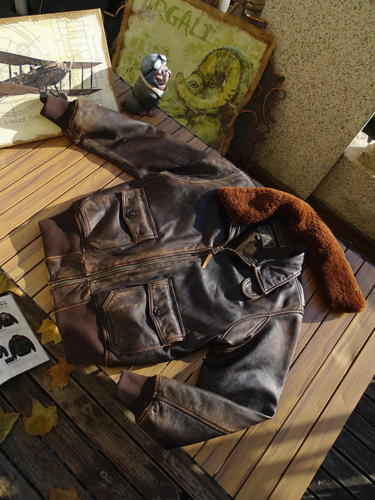 Tailor Brando Heavy Handaged Washed Tea Core Cowhide Men's Classic G1 Pilot Jacket Removable Wool Collar Genuine Leather Jacket