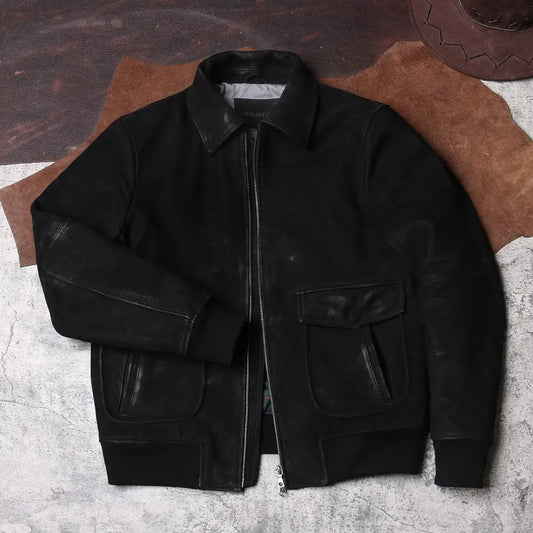 Tailor Brando Distressed-Finish Vintage A2 Heavyweight Men's Lapel-Collar Aviator Genuine Leather Jacket Tailor Brando