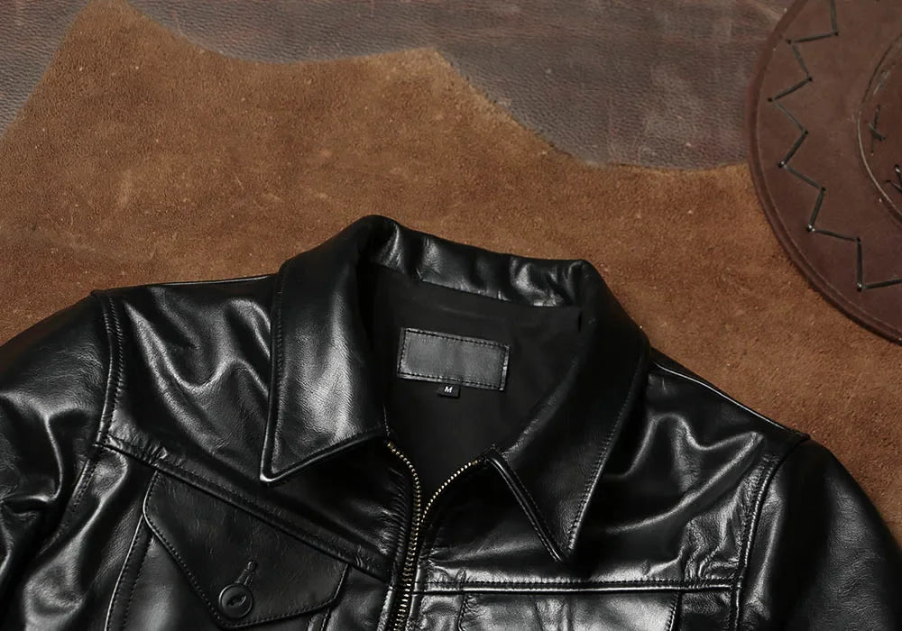 Tailro Brando Batik Cowhide Mendoza Men's Retro Genuine Leather Vintage Short Biker Jacket