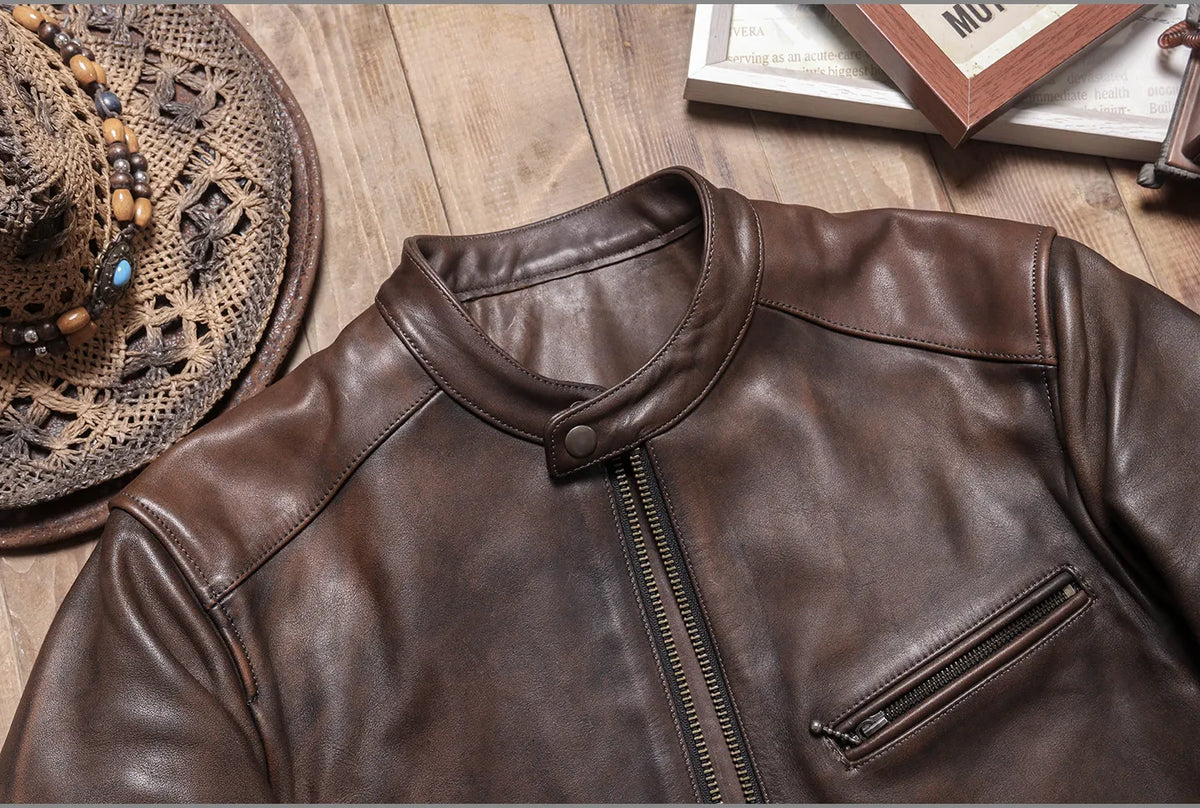 Tailor Brando Vegetable Tanned Teacore Cowhide Retro Distressed Men's Genuine Leather Biker Jacket Tailor Brando