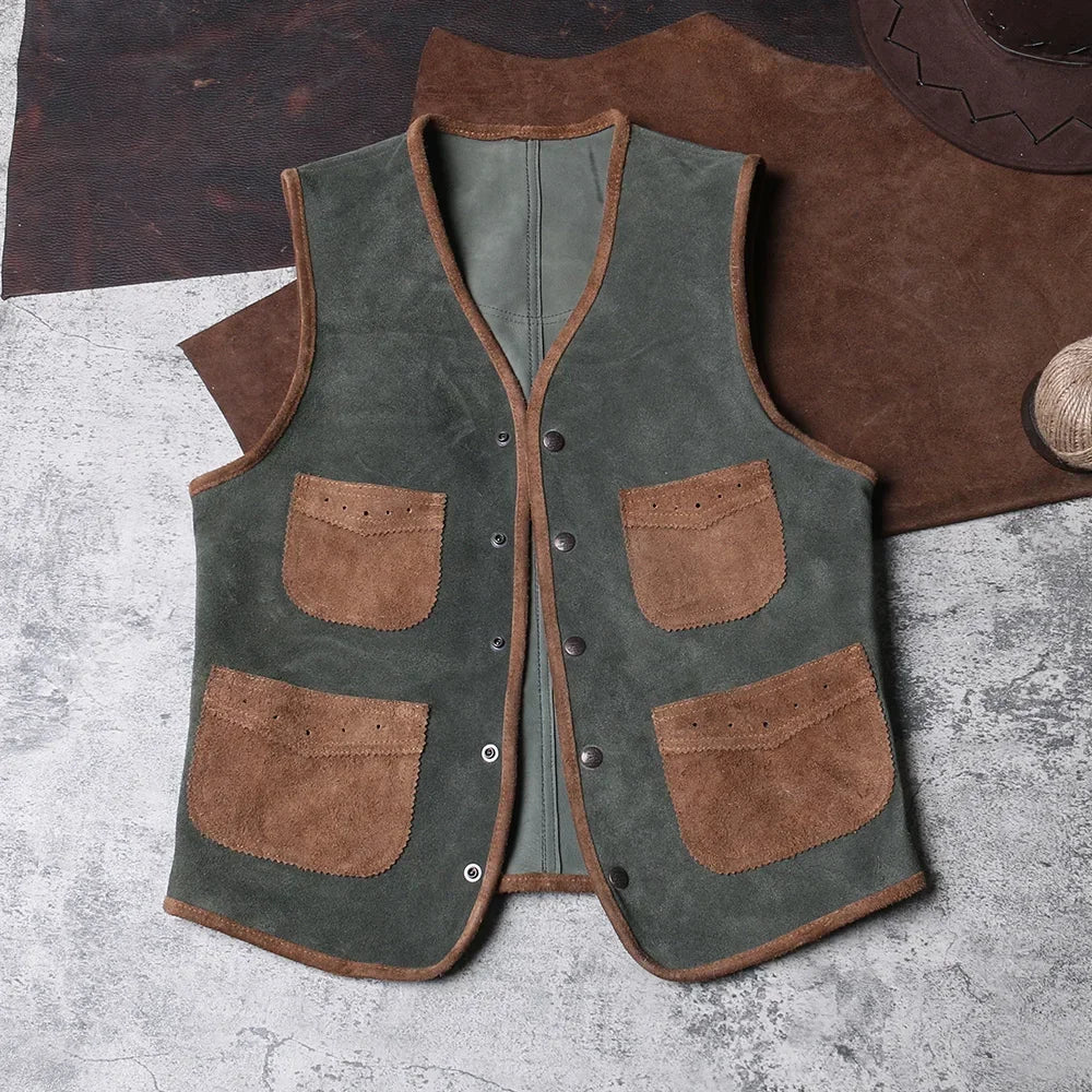 Retro RL Distressed Suede Vest Men's Genuine Leather Jacket Vest with Cowhide on Both Sides Wearing Camisole Liu Wen Style