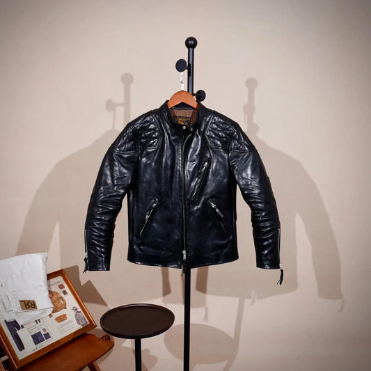 Tailor Brando Heavyweight 1.5MM Full Grain Batik Horsehide Classic Venom Men's Standing Collar Genuine Leather Biker Jacket Tailor Brando