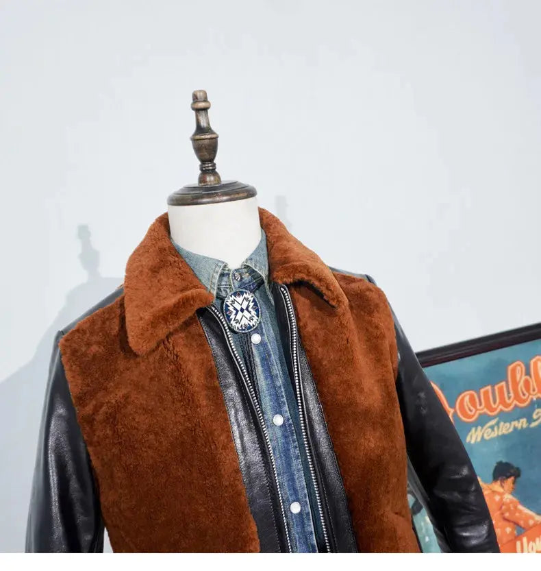 Tailor Brando American Retro Vegetable Tanned Horse Leather & Sheepskin Shearling Men's Classic Grizzly Leather Jacket Tailor Brando