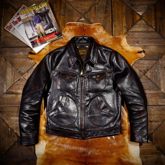Tailor Brando Classic American Vintage Mendoza Full-Grain Tea-Core Horsehide Men's Genuine Leather Motorcycle Jacket Tailor Brando