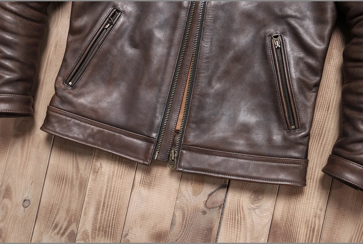 Tailor Brando Vegetable Tanned Teacore Cowhide Retro Distressed Men's Genuine Leather Biker Jacket Tailor Brando