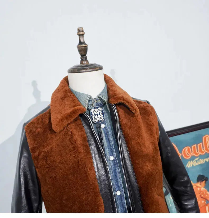 Tailor Brando American Retro Vegetable Tanned Horse Leather & Sheepskin Shearling Men's Classic Grizzly Leather Jacket Tailor Brando