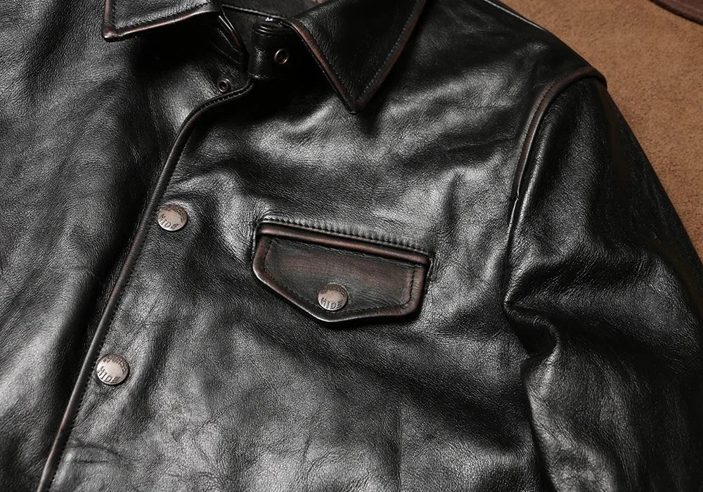Tailor Brando American Vintage Switchman Men's Lapel Handaged Tea Core Cowhide Genuine Leather Work Jacket