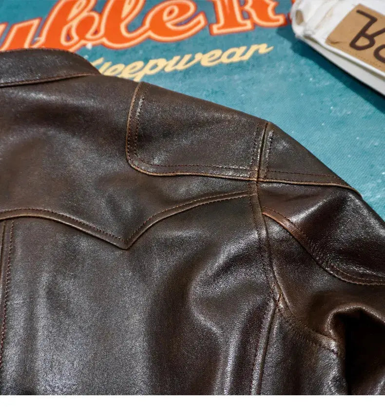 Tailor Brando Heavy Washed Vegetable Tanned Distressed Sheepskin Classic Venom Men's Retro Genuine Leather Biker Jacket Tailor Brando