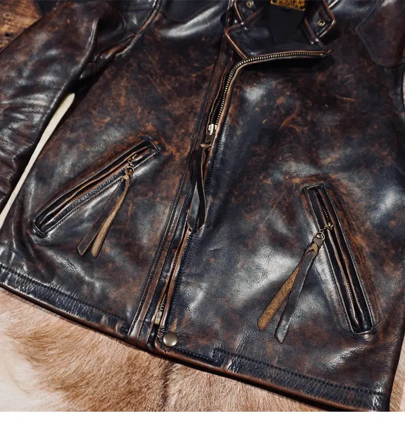 Tailor Brando Classic R*L Full Grain Vegetable Tanned Hand-Stitched Cowhide Men's Diagonal Zip Leather Motorcycle Jacket Tailor Brando