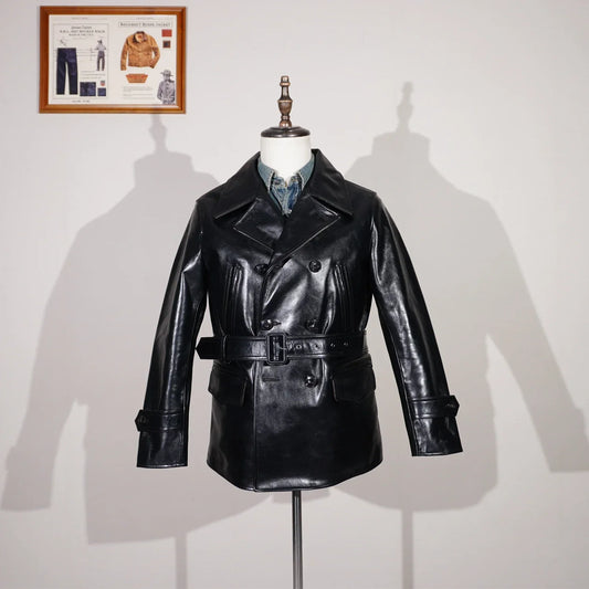 Tailor Brando Full-Grain Vegetable-Tanned Horsehide Men's Vintage 740 Double-Breasted Genuine Leather Navy Peacoat