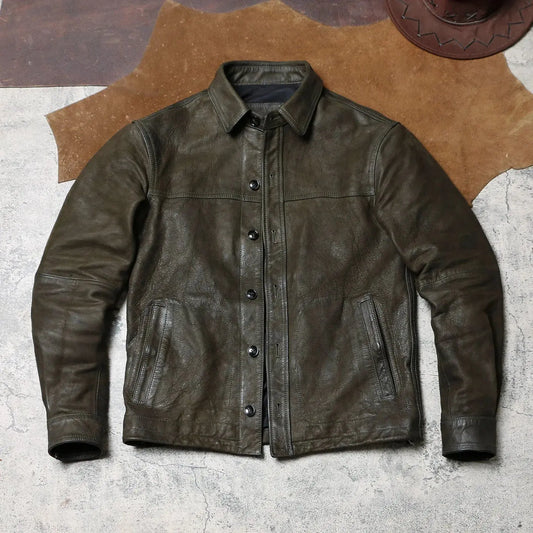 Tailor Brando Vintage-Washed Goatskin Men's Retro Lapel Short-Length Genuine Leather Jacket Tailor Brando