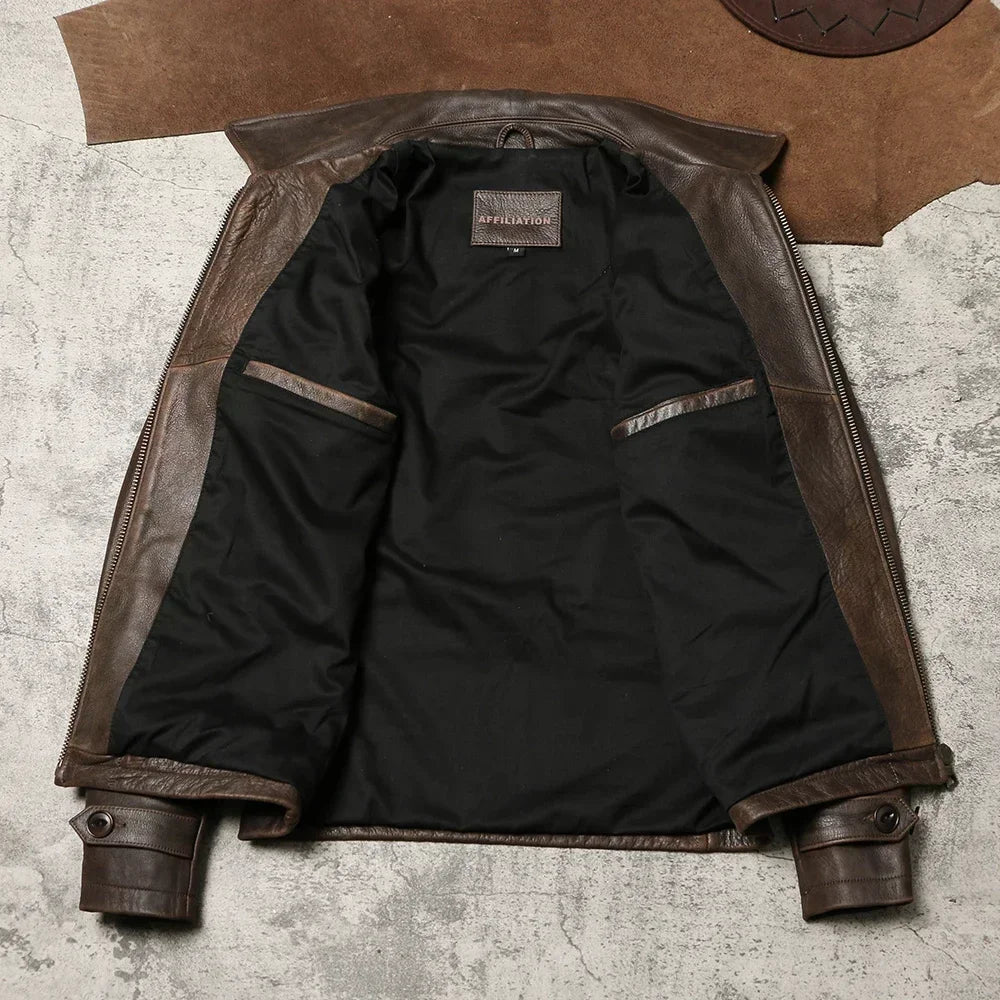 1940 American Retro Leather Jacket Turtle Crack Uncoated Cowhide Coat Autumn and Winter Men's Lapel Leather Leather Coat