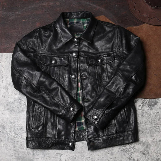 Tailor Brando Storm Knight Cargo Men's Lapel Batik Goat Miniature Denim Leather Jacket