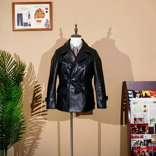 Tailor Brando Full Grain Wax Dyed Cowhide Men's Vintage 740 Pea Coat Classic Genuine Leather Coat Tailor Brando