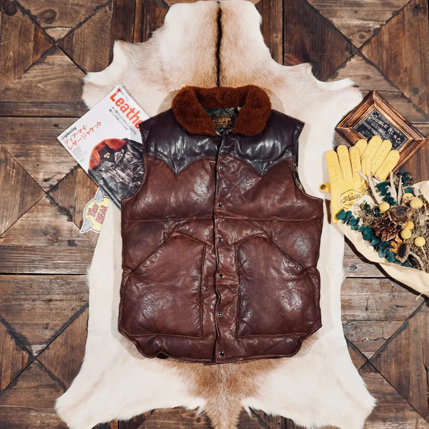Tailor Brando Wash-Distressed Vegetable-Tanned Sheepskin Men's Classic White Duck Down Genuine Leather Down Vest Tailor Brando