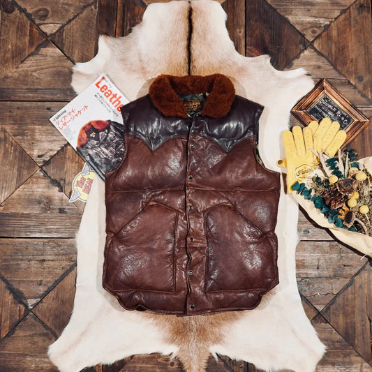 Tailor Brando Wash-Distressed Vegetable-Tanned Sheepskin Men's Classic White Duck Down Genuine Leather Down Vest Tailor Brando