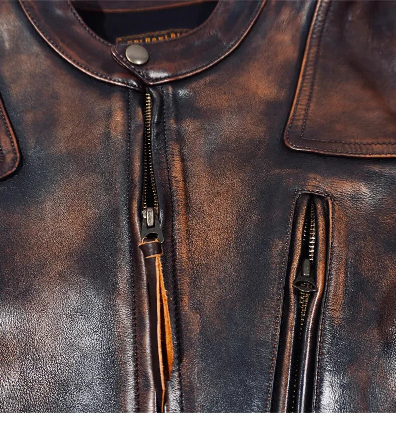 Tailor Brando Full-grain Washed Distressed Tea-core Cowhide Men's Classic Venom Retro Genuine Leather Motorcycle Jacket Tailor Brando