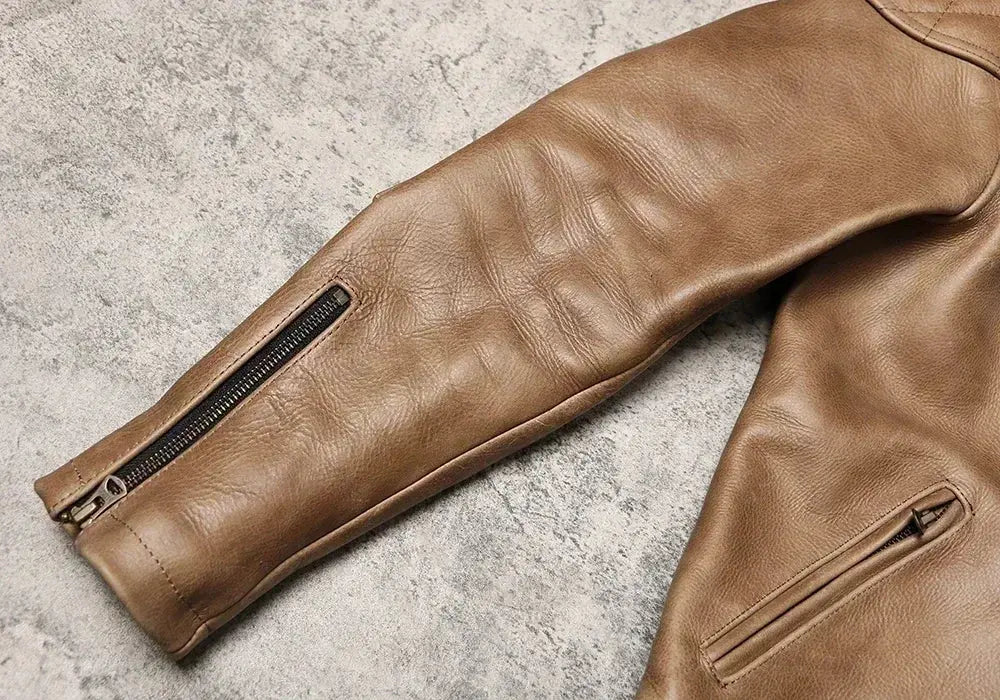 Tailor Brando Full-Grain Waxed Cowhide Men's Heavyweight Stand-Up Collar Retro Genuine Leather Motorcycle Jacket Tailor Brando