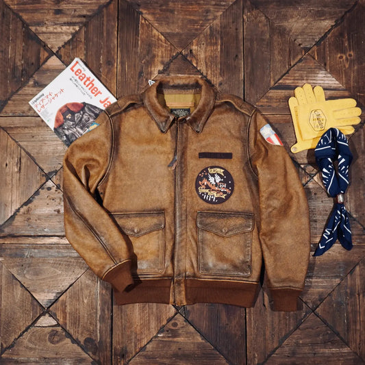 Tailor Brando Washed Vintage Tea-Core Cowhide Men's Classic A2 Retro Genuine Leather Aviator Jacket Tailor Brando