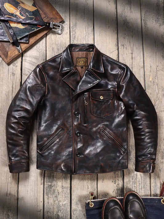 Tailor Brando Washed Old Tea Core Horse Leather 1940s Classic American Retro Lapel Men's Genuine Leather Jacket
