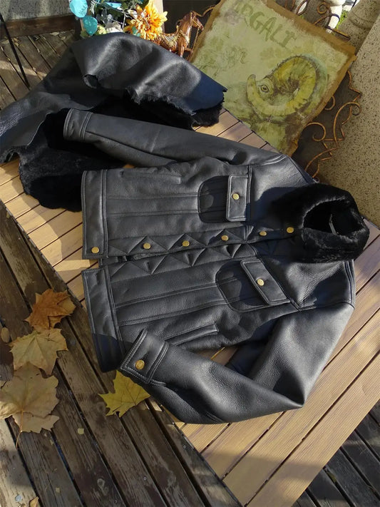 Tailor Brando Natural Shearling American Vintage Storm Rider Western Style Men's Genuine Fur Denim Jacket Tailor Brando