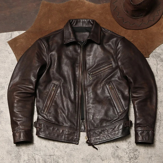 Tailor Brando Mulholland Vintage Aged Leather Jacket Men's Lapel Genuine Leather Jacket Tea Core Cowhide Jacket