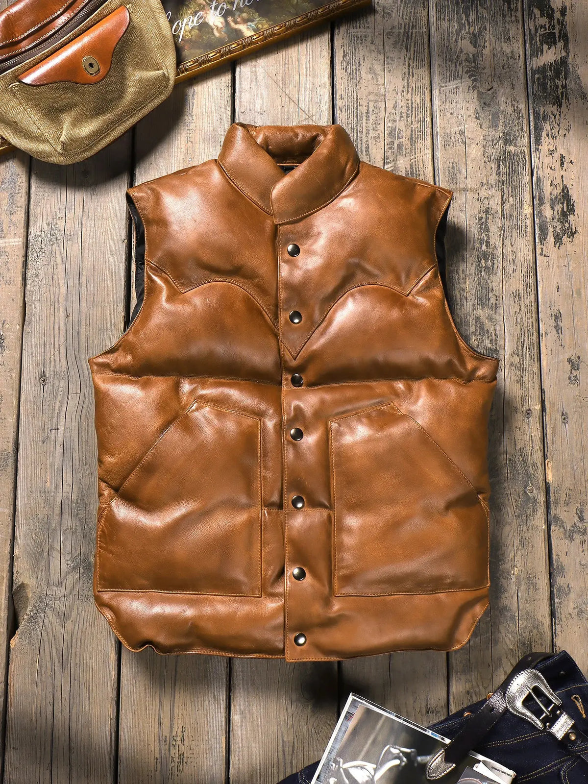 Tailor Brando Top Grain Sheepskin Handaged Japanese Vintage Short Winter Warm Genuine Leather Vest Tailor Brando