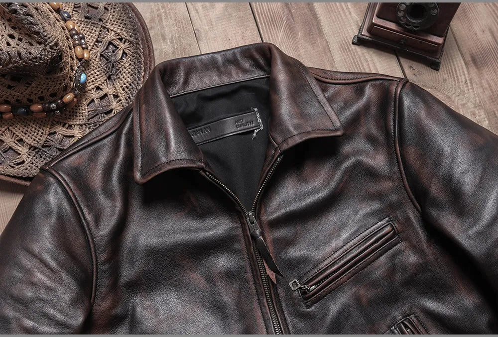 Tailor Brando American Retro Mulholland Distressed Teacore Cowhide Men's Genuine Leather Motorcycle Jacket Tailor Brando