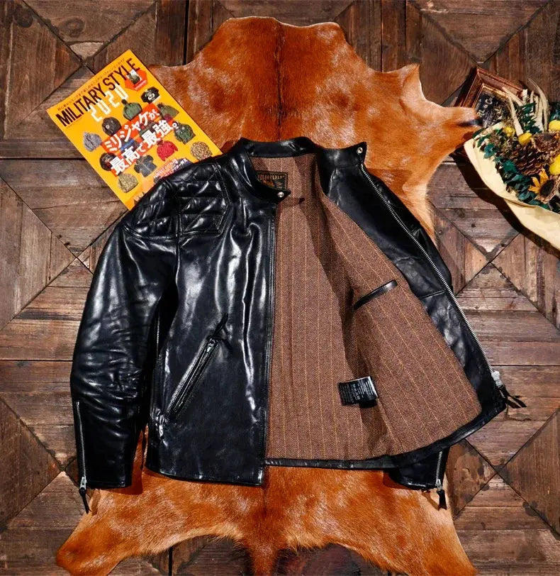 Tailor Brando Heavyweight 1.5MM Full Grain Batik Horsehide Classic Venom Men's Standing Collar Genuine Leather Biker Jacket Tailor Brando