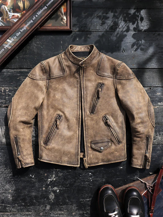 Tailor Brando American Retro Heavy Washed Distressed Full Grain Cowhide Venom Jacket Men's Short Leather Motorcycle Jacket