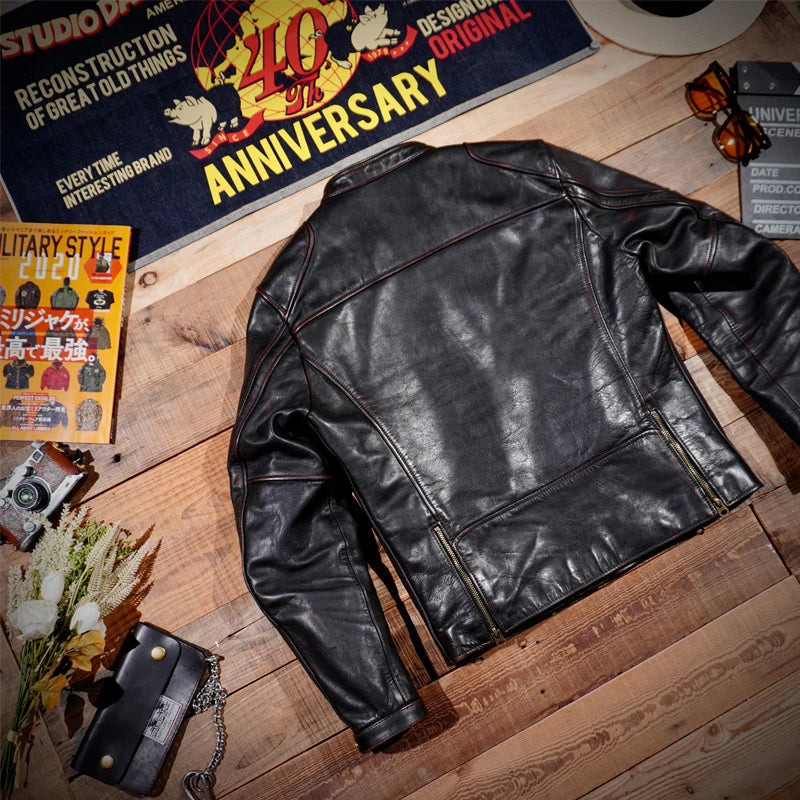 American Retro Stand-up Collar Motorcycle Jacket Tea Core Horseskin Leather Men's Short Section Washed To Make Old Slim Men