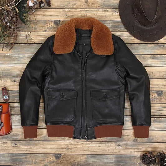 Tailor Brando Classic G1 Bomber Jacket Batik Goatskin Removable Men's Short Fur Collar Genuine Leather Jacket