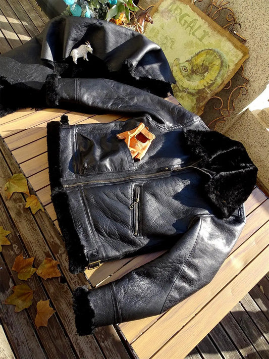 Tailor Brando Original Sheep Shearling Men's Vintage Classic Aviator Jacket Winter Warm Real Fur Jacket