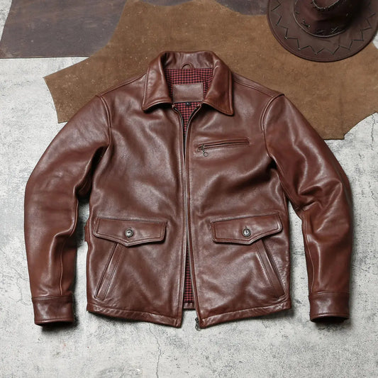 Tailor Brando Batik Uncoated Sheepskin Men's Classic Newsboy Retro Genuine Leather Biker Jacket Tailor Brando