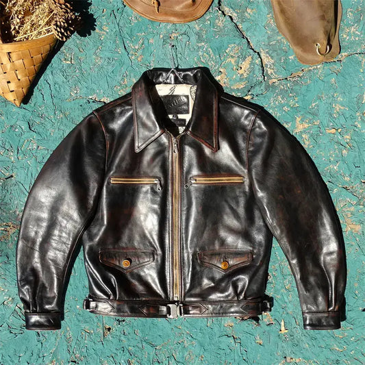 Tailor Brando Full Grain Teacore Horsehide Handaged Men's Classic Short Hartman Aviator Genuine Leather Jacket Tailor Brando