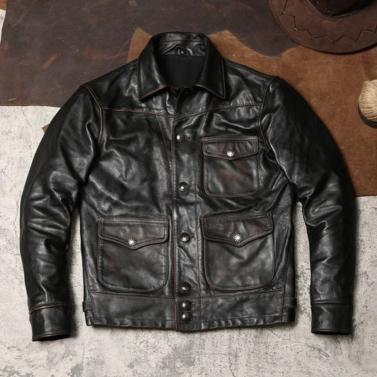 Tea Core Horseskin Lapel Leather Jacket American Retro Clicker Distressed Leather Jacket Cropped Slim Cargo Leather Jacket