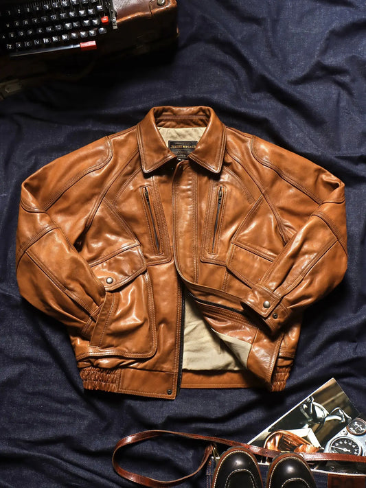 Tailor Brando 90s Retro Oversized Men's Full-Grain Hand-Aged Vegetable-Tanned Calfskin Genuine Leather Jacket Tailor Brando