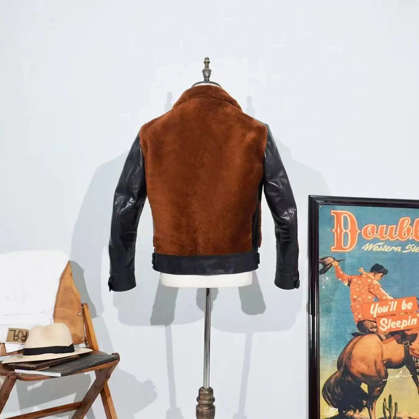 Tailor Brando American Retro Vegetable Tanned Horse Leather & Sheepskin Shearling Men's Classic Grizzly Leather Jacket Tailor Brando