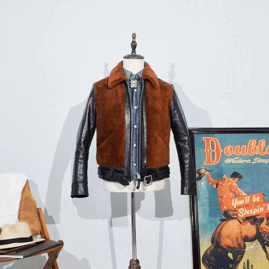 Tailor Brando American Retro Vegetable Tanned Horse Leather & Sheepskin Shearling Men's Classic Grizzly Leather Jacket Tailor Brando