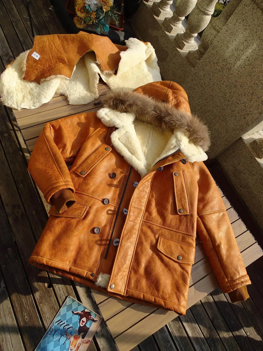 Tailor Brando Authentic Raw Sheepskin & Real Raccoon Fur Collar Men's Mid-Length Winter Warmth Fur Jacket Tailor Brando