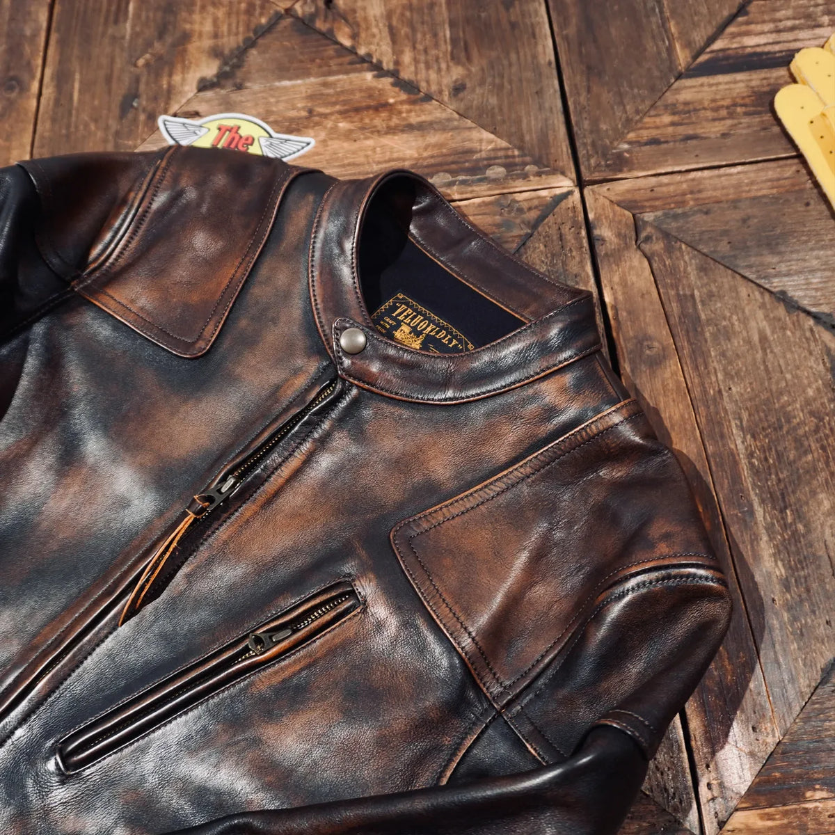 Tailor Brando Full-grain Washed Distressed Tea-core Cowhide Men's Classic Venom Retro Genuine Leather Motorcycle Jacket Tailor Brando