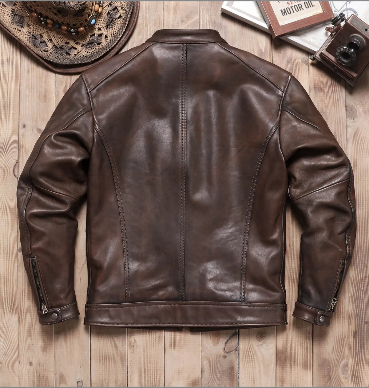 Tailor Brando Vegetable Tanned Teacore Cowhide Distressed Retro Men's Genuine Leather Biker Jacket Tailor Brando