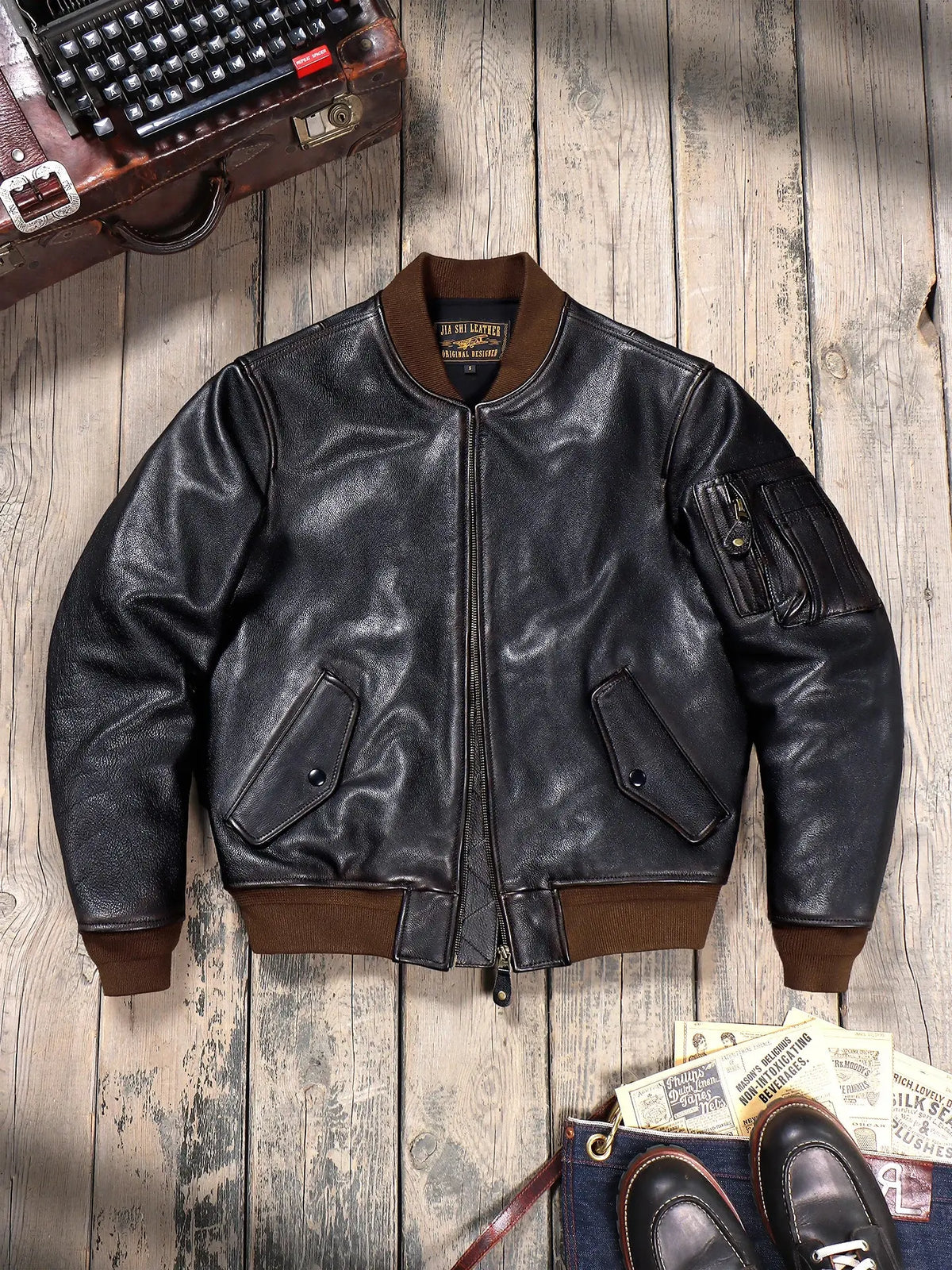Tailor Brando 1.4mm Full-Grain Tea-Core American Vintage MA-1 Aviator Jacket Men's Genuine Leather Baseball Jacket Tailor Brando