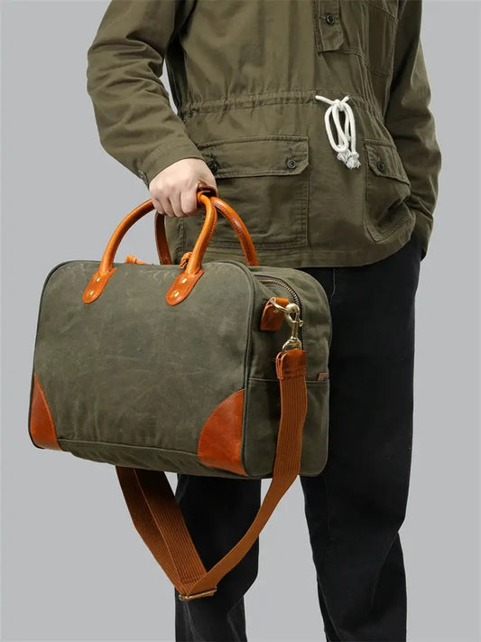 Tailor Brando Waxed Canvas & Waxed Leather Travel Bag Large Capacity 48x32x20cm Splash-Resistant Men's Vintage Tote/Shoulder Bag Tailor Brando