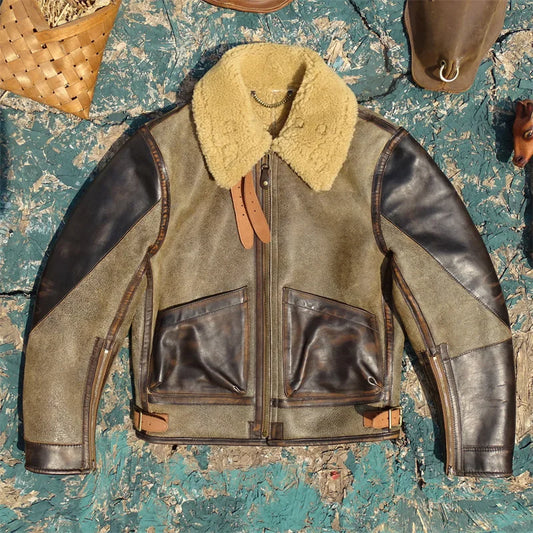Tailor Brando Original Sheep Shearling Jacket American Vintage Classic Pilot Jacket Men's Warm Genuine Leather Fur Jacket