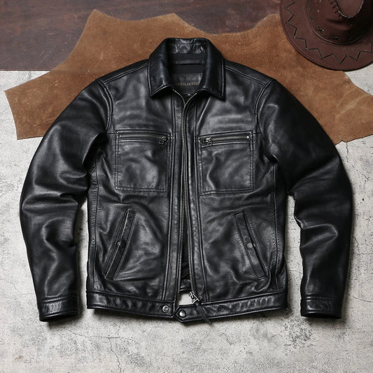 Tailor Brando Washed Goatskin Brad Pitt Same Lapel Men's Vintage Classic Leather Jacket