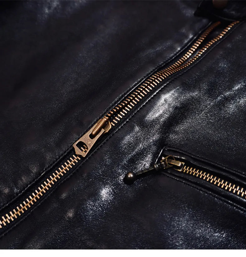 Tailor Brando Full Grain Vegetable Tanned Cowhide Men's Retro Short Stand Up Collar Genuine Leather Biker Jacket Tailor Brando